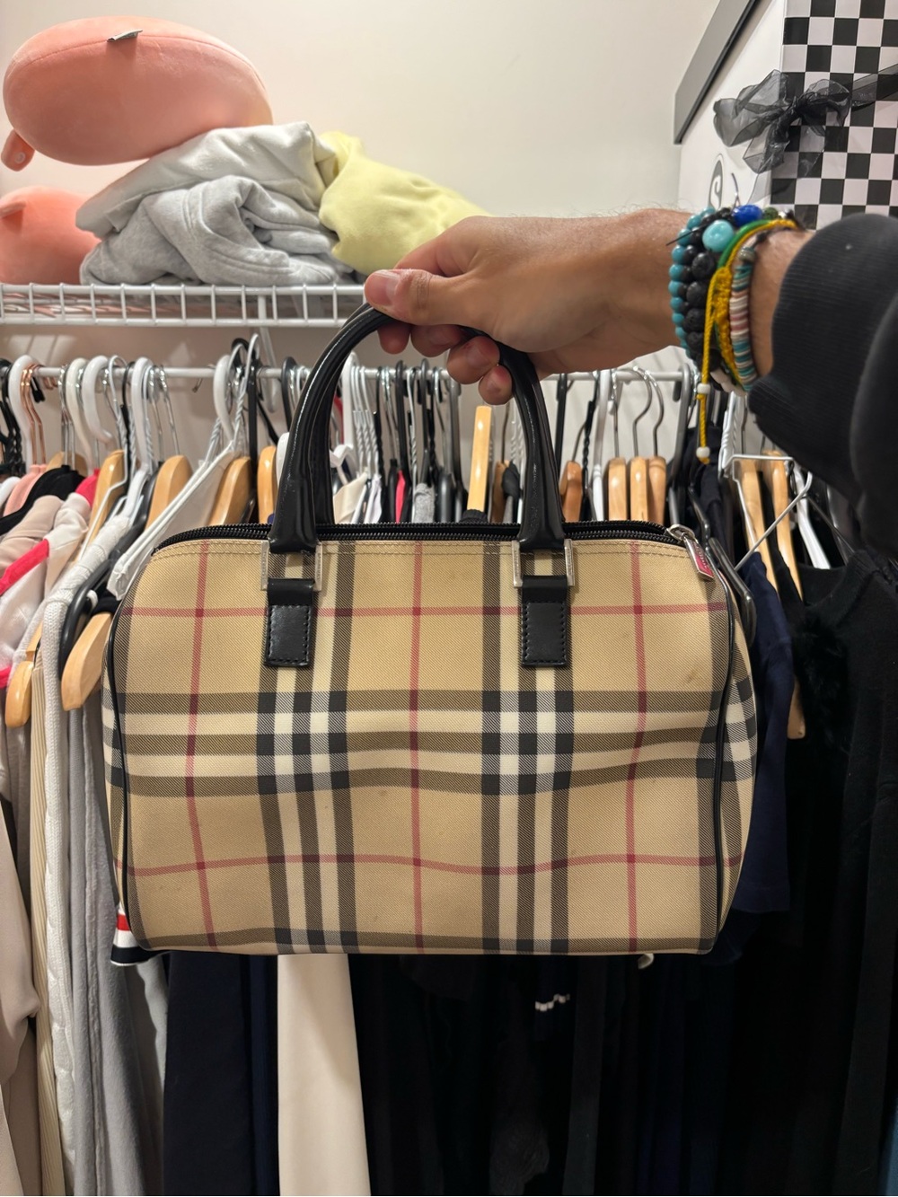 Burberry Beige Plaid Bowling Bag with Black Trim